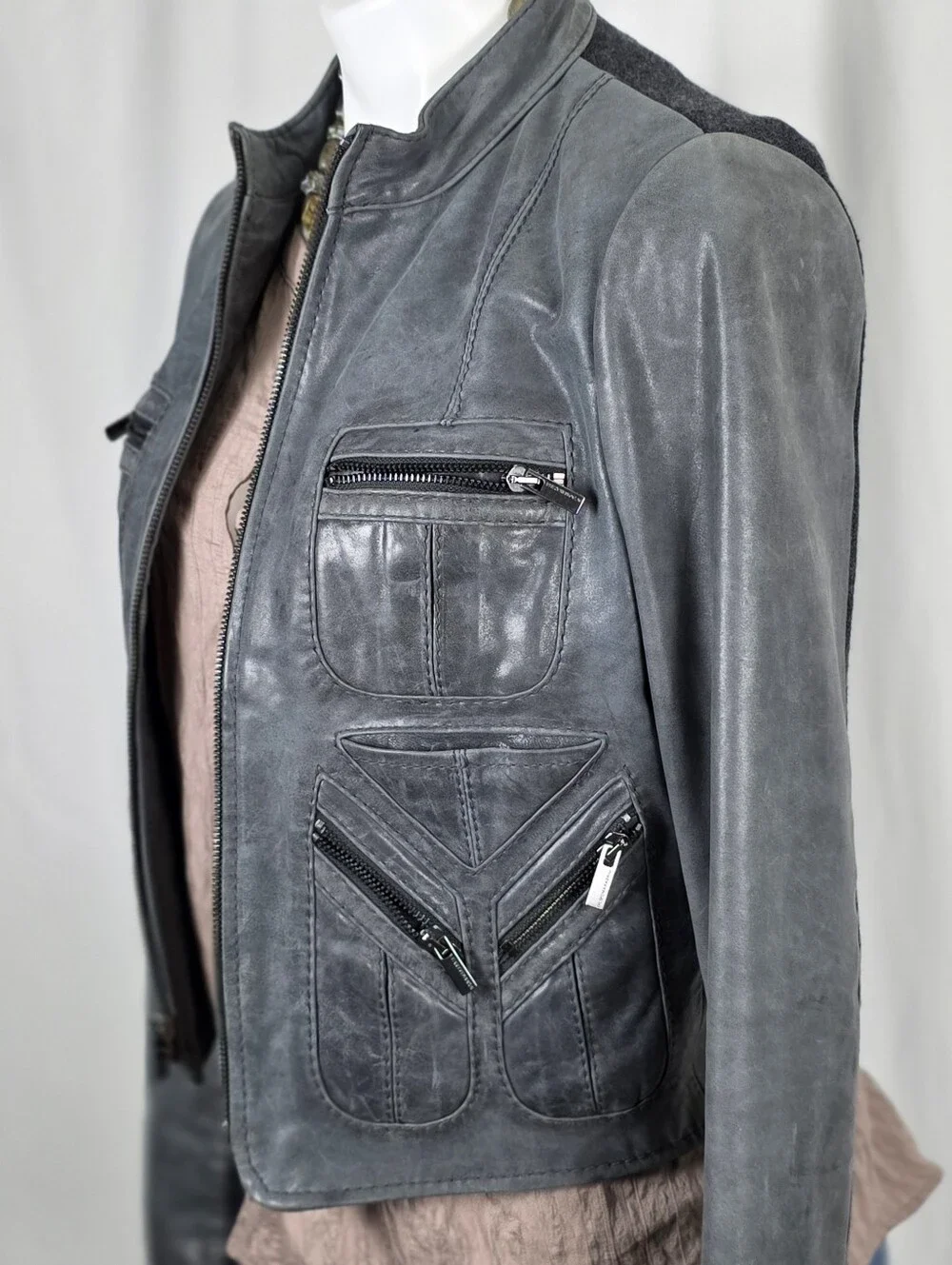 BCBGMAXAZRIA Gray REAL Leather Moto Jacket – Edgy Luxe Designer Jacket S